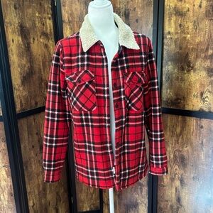 Women’s Red Plaid Teddy-Lined Shacket Jacket